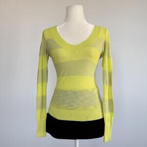 Express Sweater Womens XS Yellow Stripe V Neck Pullover Long Sleeve Metallic